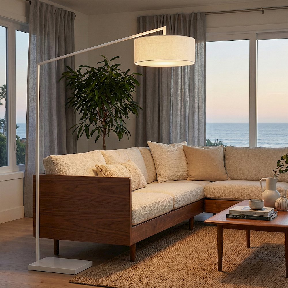 Stretch 87" Arc Floor Lamp, White Linen Drum Shade & Body, Dimmable. Picture 2