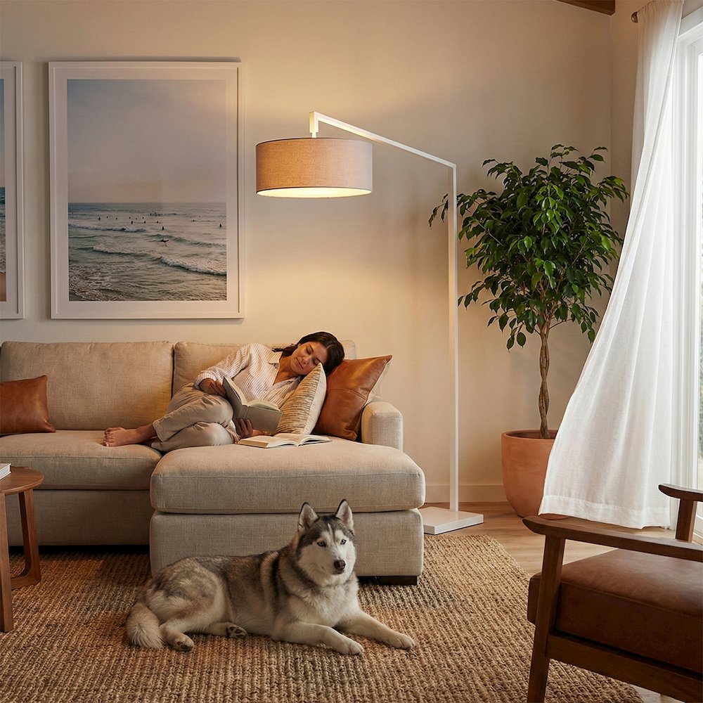 Stretch 75"H 1-Light Chairside Arc Lamp, Cashmere Gray, White Body. Picture 2