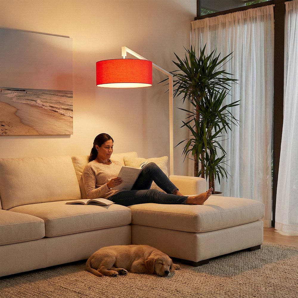 Stretch 75"H 1-Light Chairside Arc Lamp, Crimson Red Linen Drum Shade, White. Picture 2