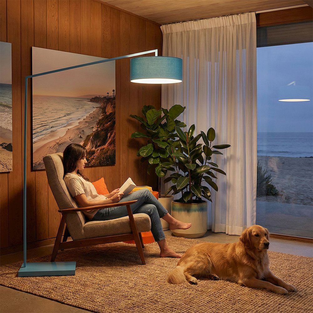 Stretch 87"H 1-Light Arc Lamp, Pool Blue & Body, for Living Room or Bedroom. Picture 2