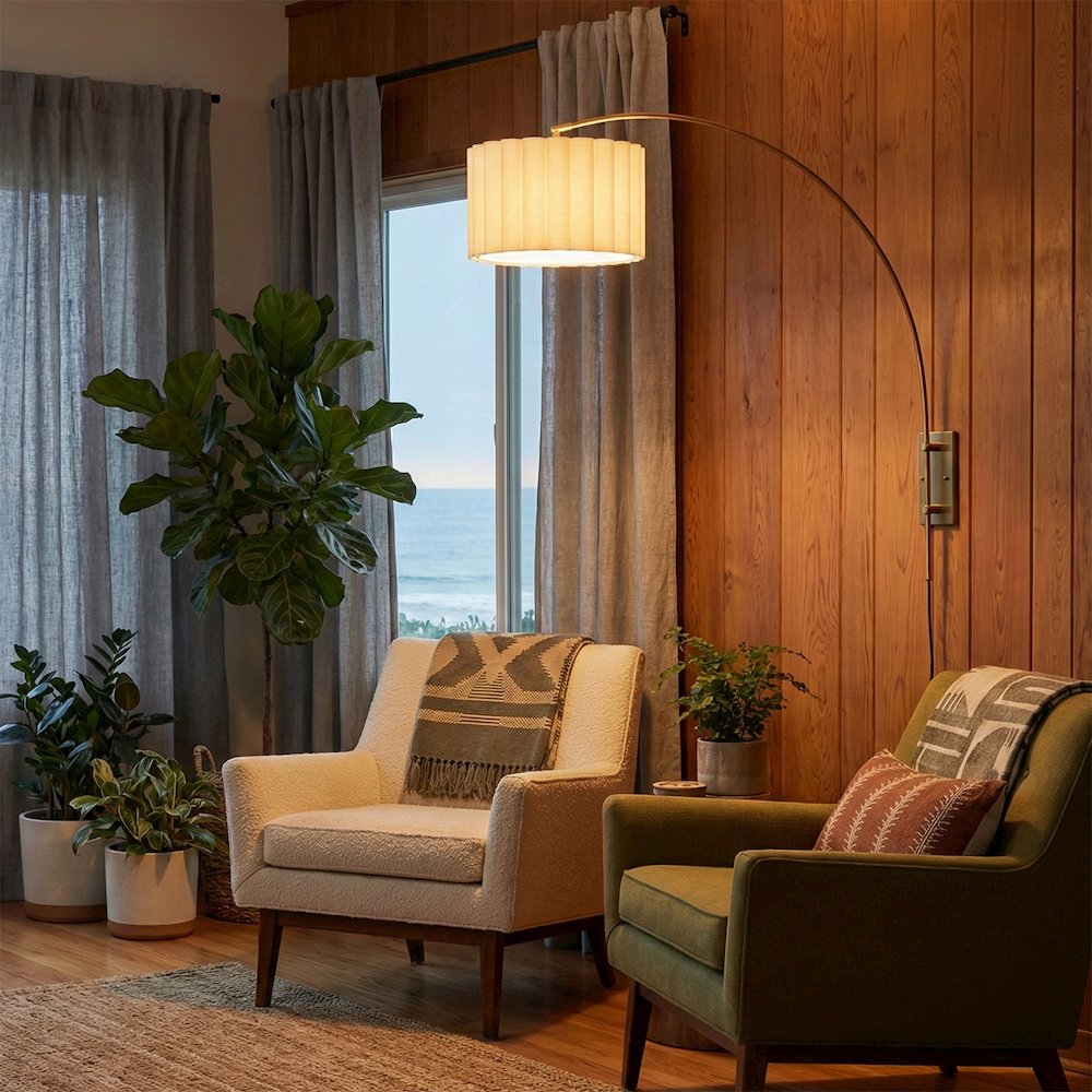 Scalloped Wall Arc Lamp - Weathered Brass, White Linen, Diffuser. Picture 3