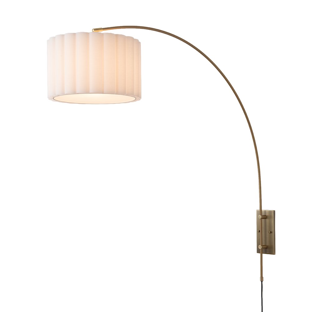 Scalloped Wall Arc Lamp - Weathered Brass, White Linen, Diffuser. Picture 1