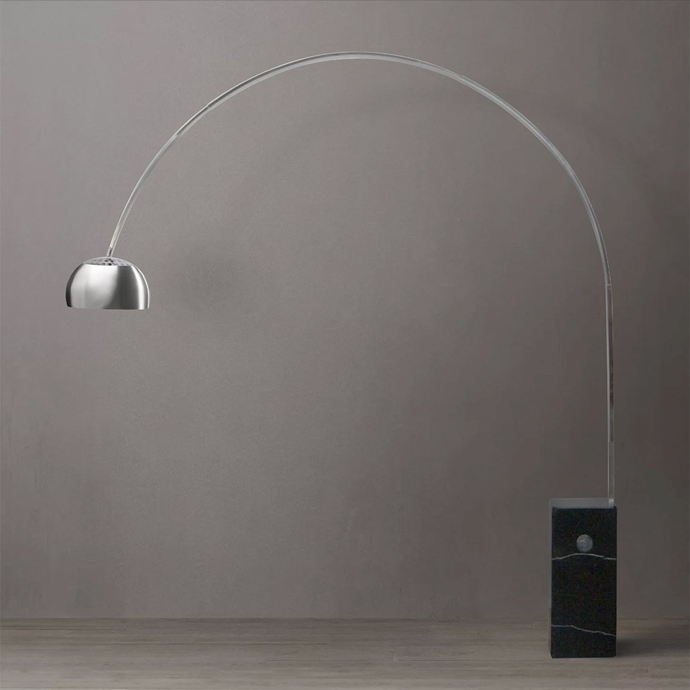 Iconic Arched LED Floor Lamp, Black Marble Block Base, Satin Nickel. Picture 2