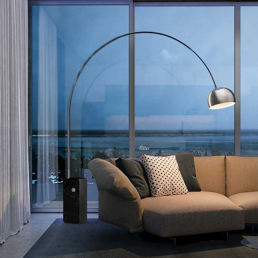Iconic Arched LED Floor Lamp, Black Marble Block Base, Satin Nickel. Picture 4