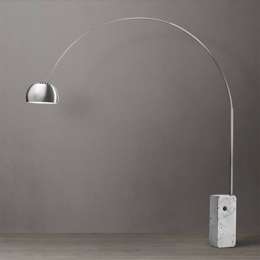 Iconic Arched LED Floor Lamp, White Marble Block Base, Satin Nickel. Picture 2
