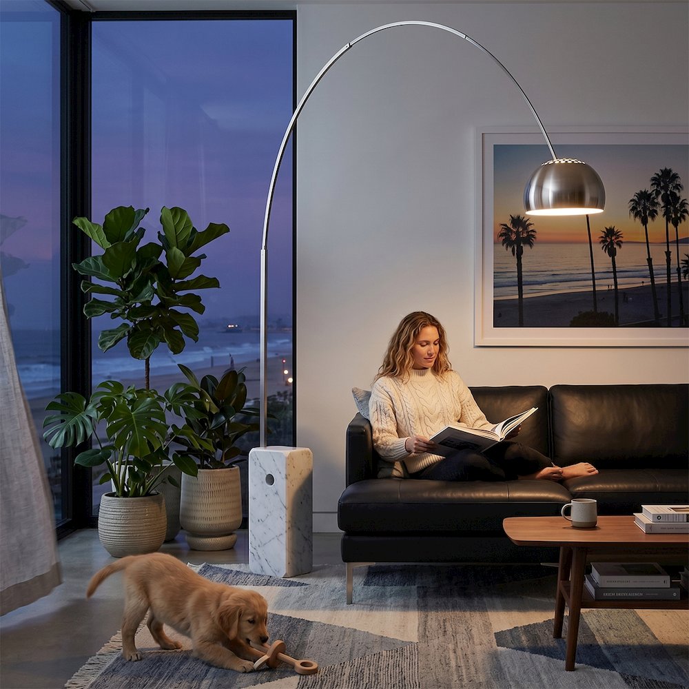 Iconic Arched LED Floor Lamp, White Marble Block Base, Satin Nickel. Picture 4