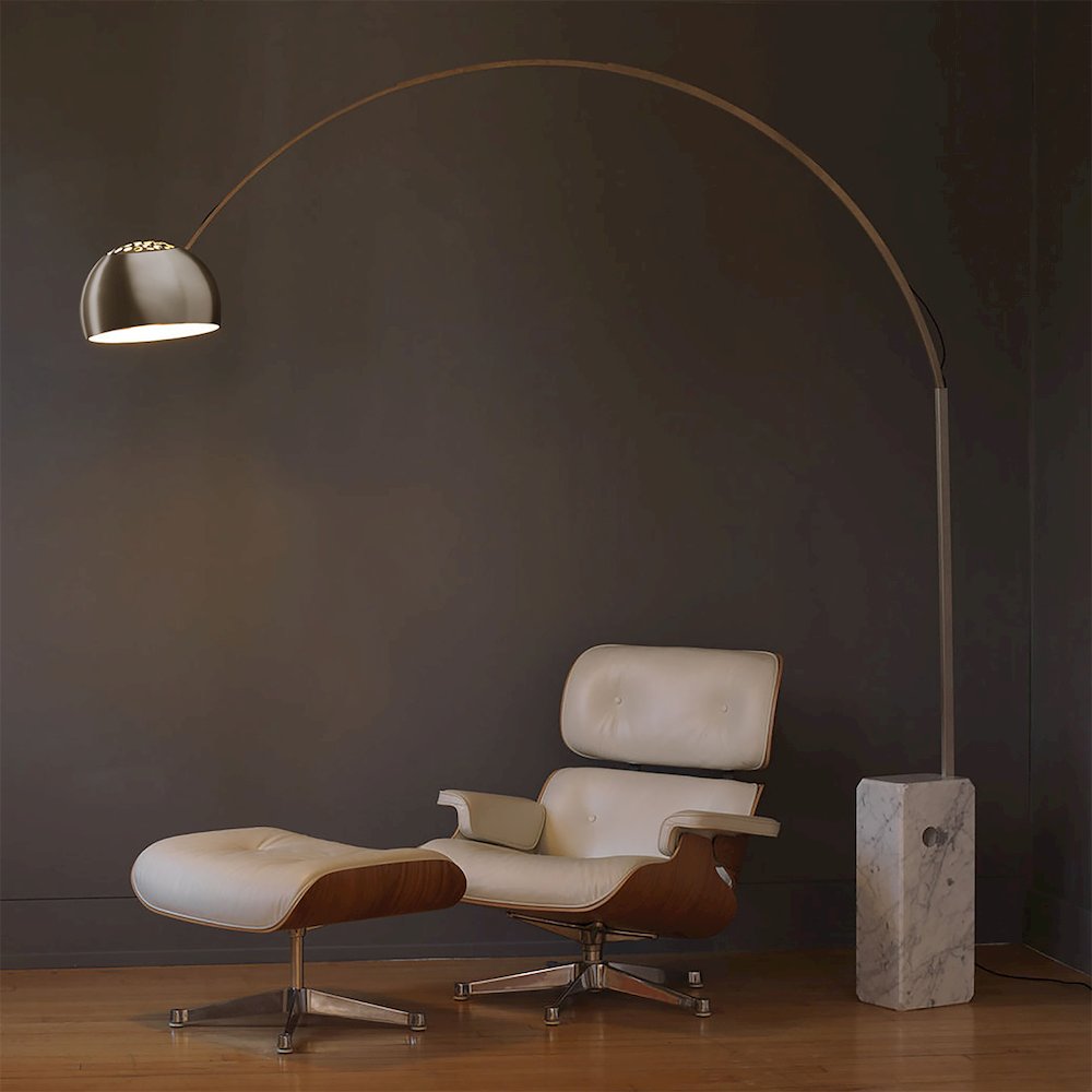 Iconic Arched LED Floor Lamp, White Marble Block Base, Satin Nickel. Picture 3