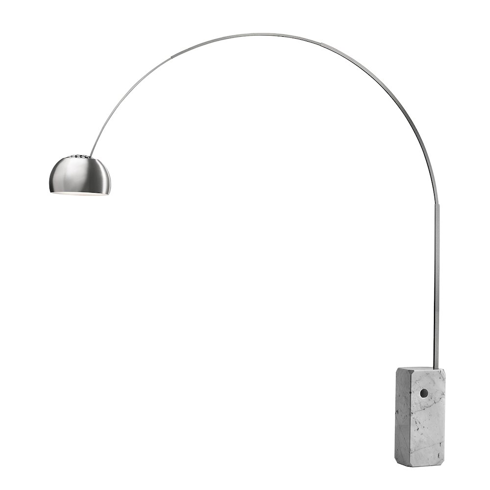 Iconic Arched LED Floor Lamp, White Marble Block Base, Satin Nickel. Picture 1