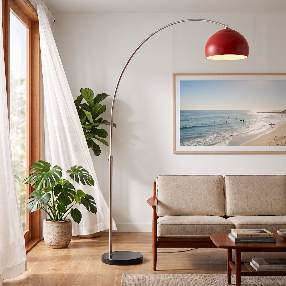 Float Half Dome 92" Arc Lamp - Satin Nickel, Black Marble Base, Crimson Red. Picture 2