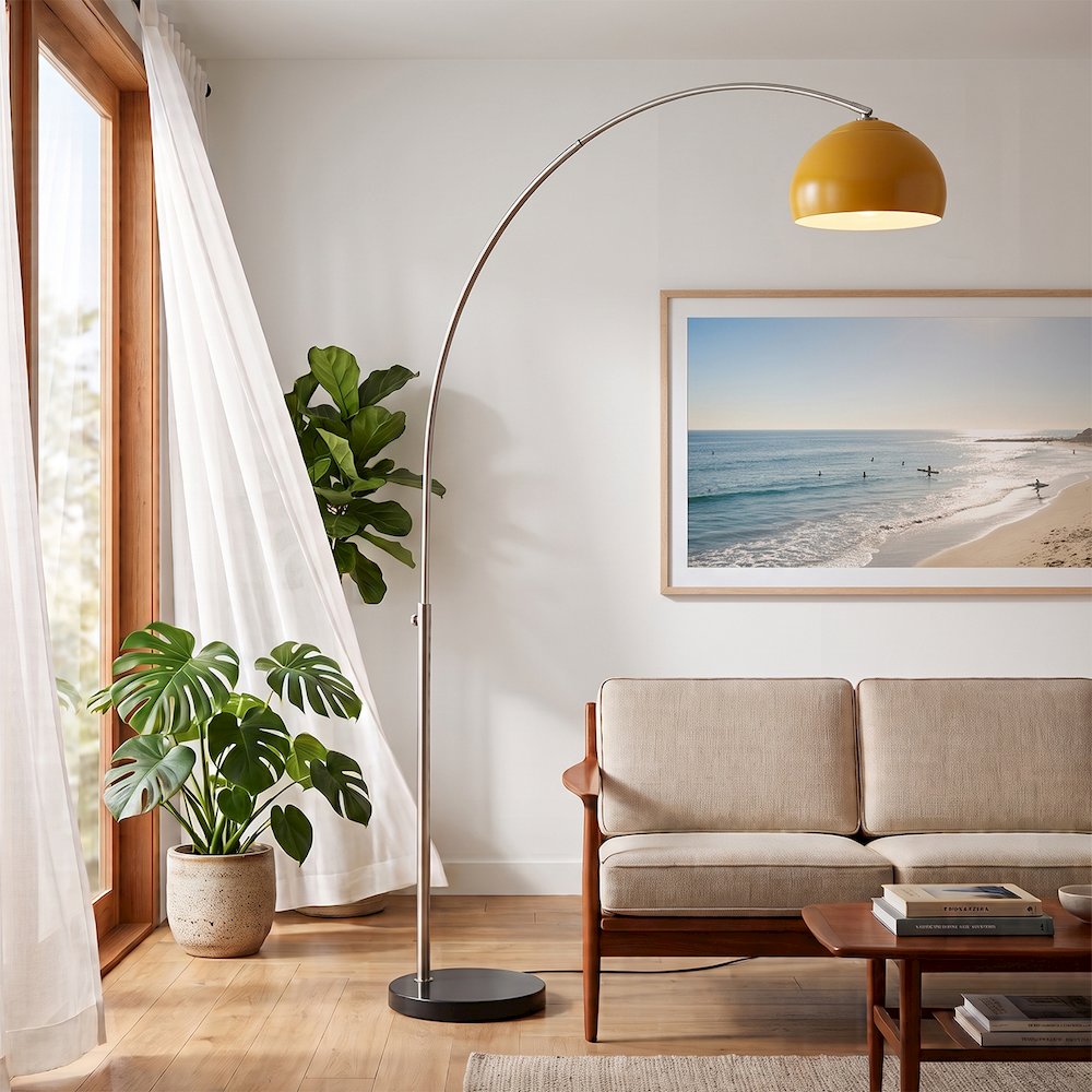 Float Half Dome 92" Arc Lamp - Satin Nickel, Black Marble Base, Mustard Steel. Picture 2