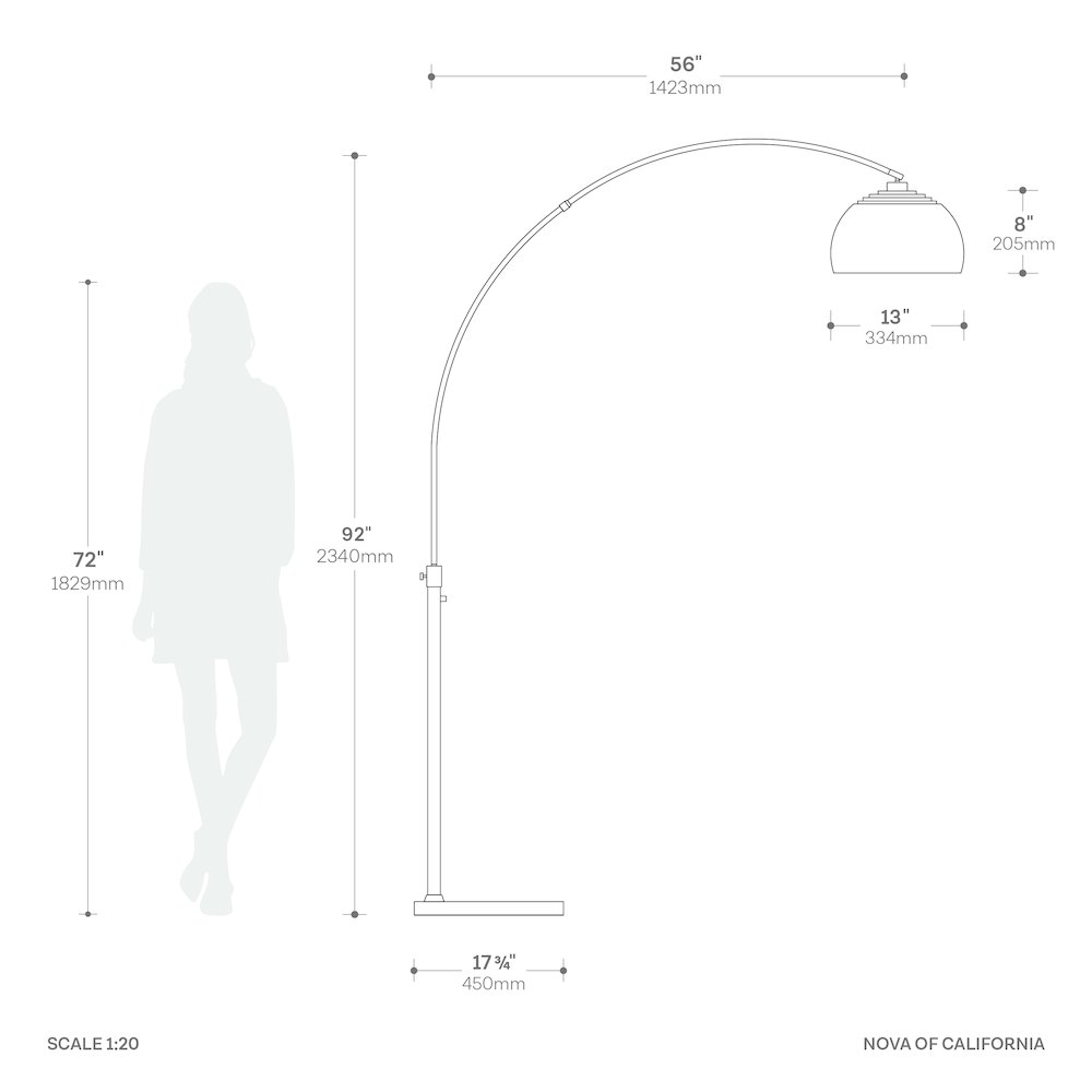 Float Half Dome 92" Arc Lamp - Satin Nickel, Black Marble Base, Satin Nickel. Picture 7