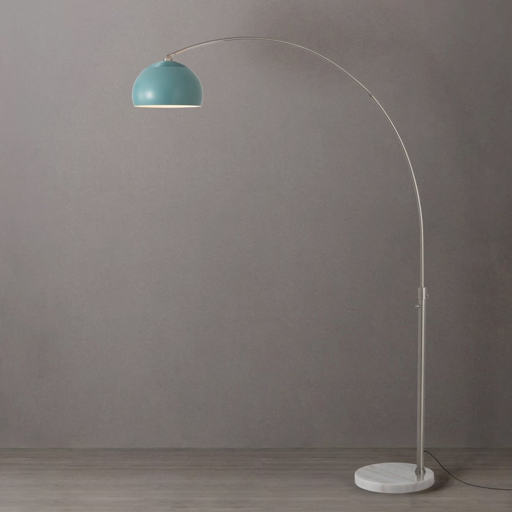 Float Half Dome 92" Arc Lamp - Satin Nickel, White Marble Base, Pool Blue Steel. Picture 2
