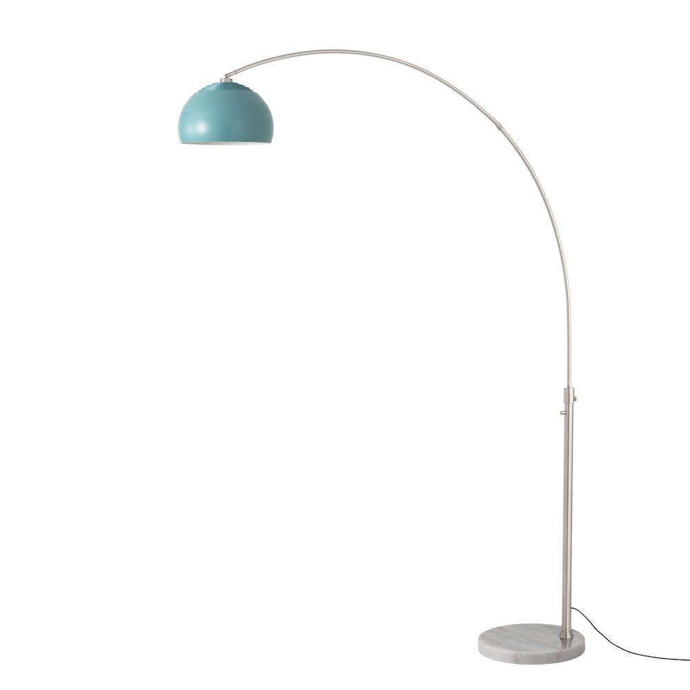 Float Half Dome 92" Arc Lamp - Satin Nickel, White Marble Base, Pool Blue Steel. Picture 1