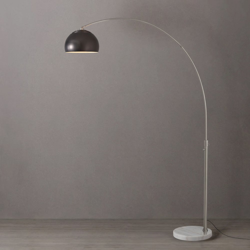Float Half Dome Arc Lamp - Satin Nickel, White Marble Base, Black Nickel Shade. Picture 2