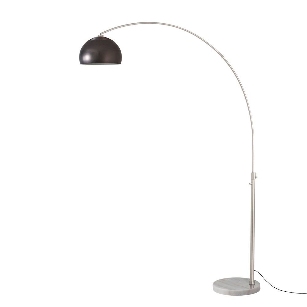 Float Half Dome Arc Lamp - Satin Nickel, White Marble Base, Black Nickel Shade. Picture 1