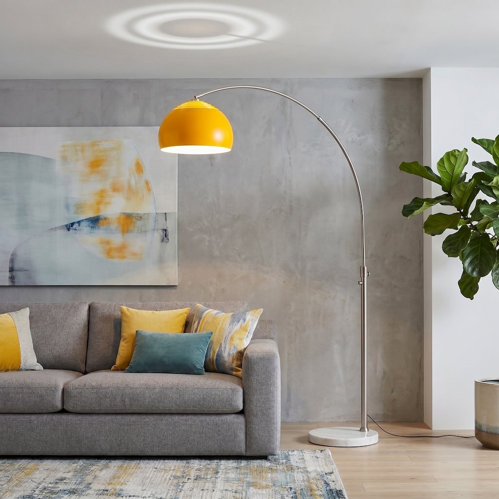 Float Half Dome 92" Arc Lamp - Satin Nickel Steel, White Marble Base, Mustard. Picture 3