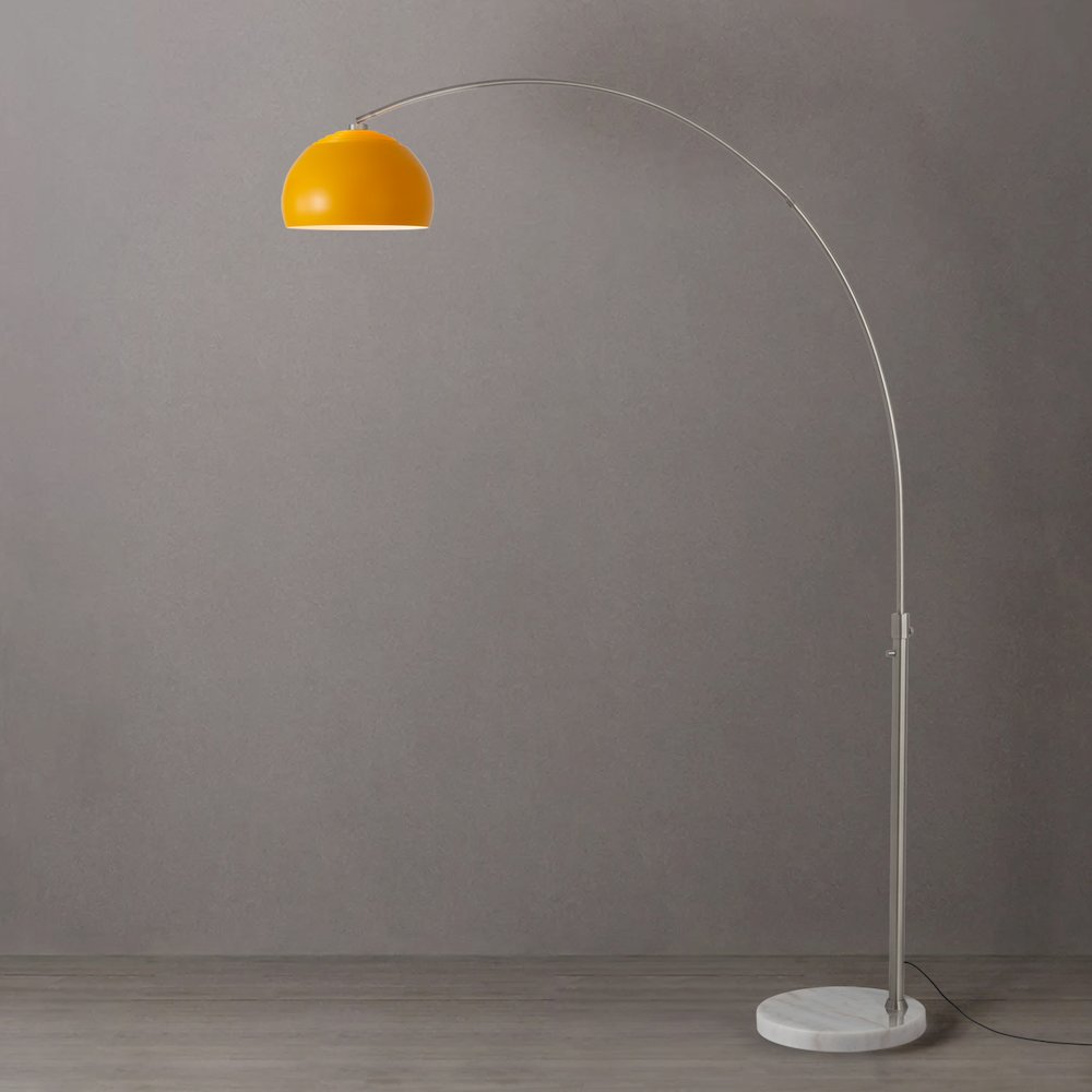 Float Half Dome 92" Arc Lamp - Satin Nickel Steel, White Marble Base, Mustard. Picture 2