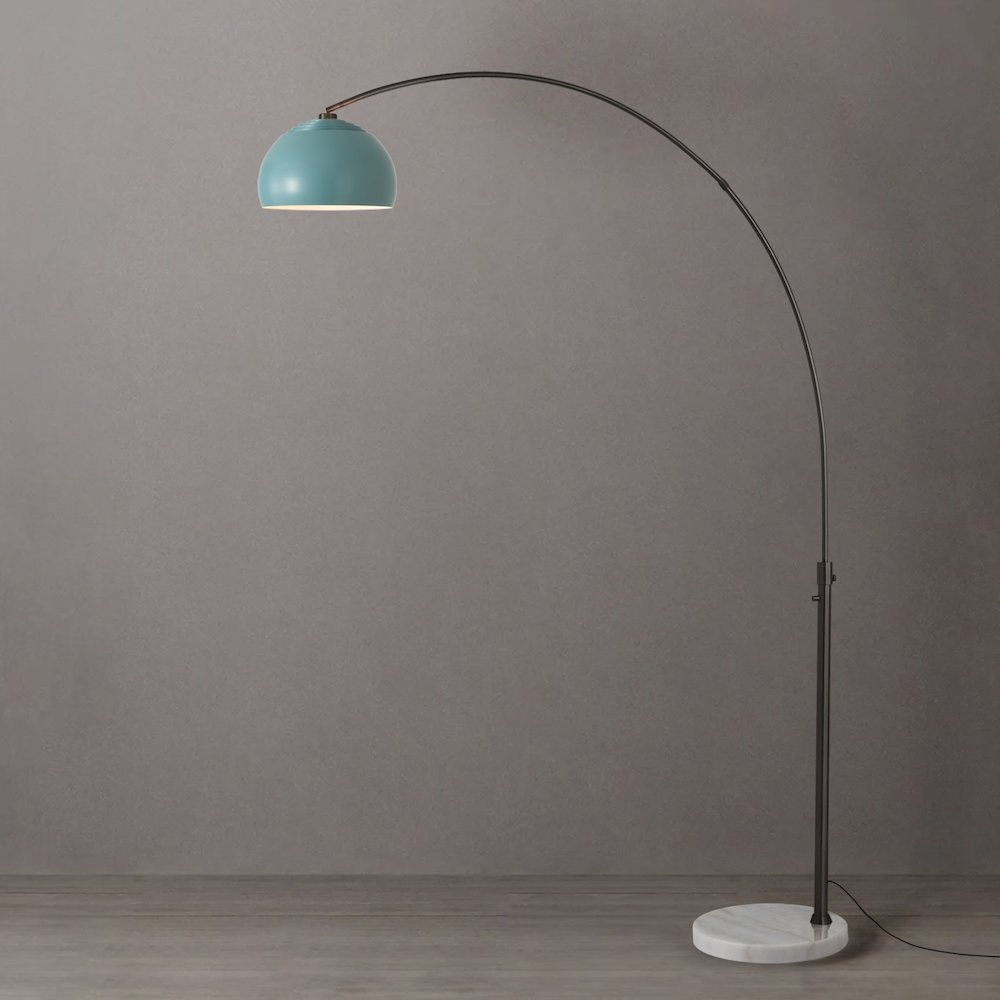 Float Half Dome 92" Arc Lamp - Black Nickel, White Marble Base, Pool Blue Steel. Picture 2