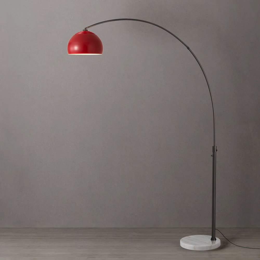 Float Half Dome Arc Lamp - Black Nickel, White Marble Base, Crimson Red Shade. Picture 2