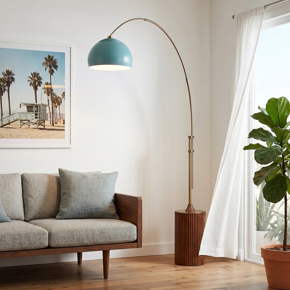 Tambo Half Dome 92"H 1-Light Arc Lamp, Pool Blue Steel Shade, Weathered Brass. Picture 2