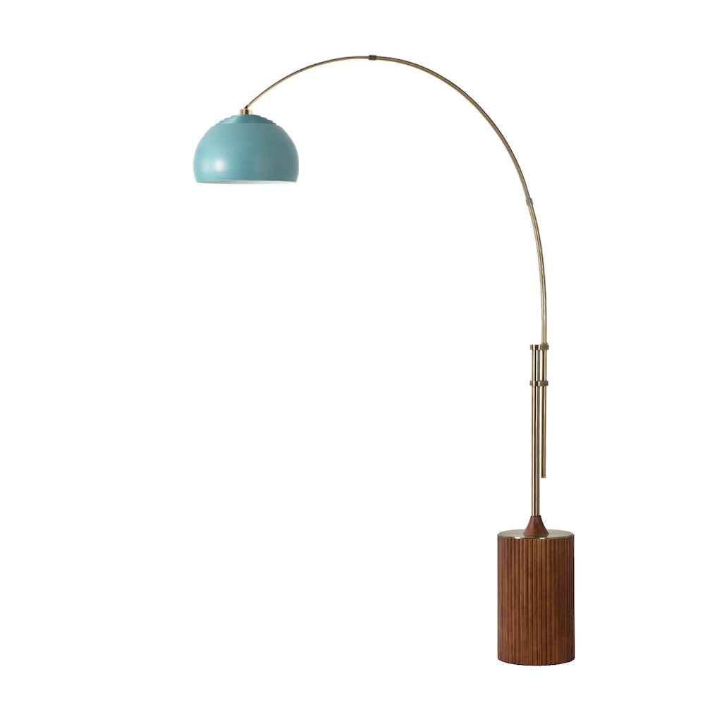Tambo Half Dome 92"H 1-Light Arc Lamp, Pool Blue Steel Shade, Weathered Brass. Picture 1