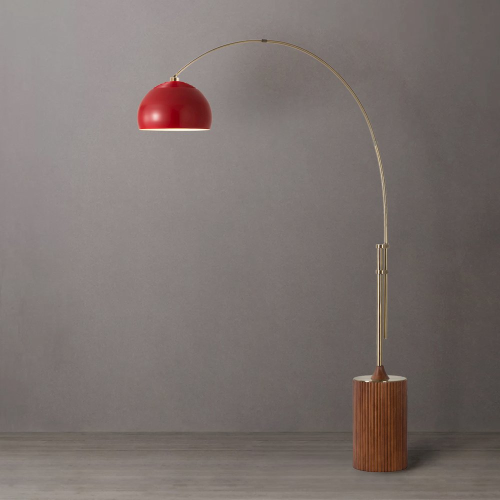 Tambo Half Dome 92"H 1-Light Arc Lamp, Crimson Red Steel Shade, Weathered Brass. Picture 3