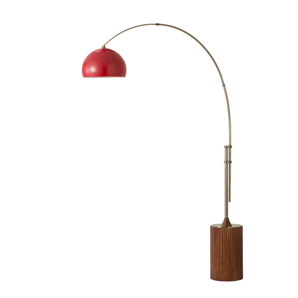 Tambo Half Dome 92"H 1-Light Arc Lamp, Crimson Red Steel Shade, Weathered Brass. Picture 1