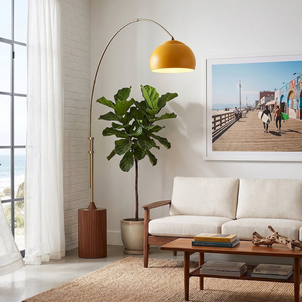 Tambo Half Dome 92"H 1-Light Arc Lamp, Mustard Steel Shade, Weathered Brass. Picture 3