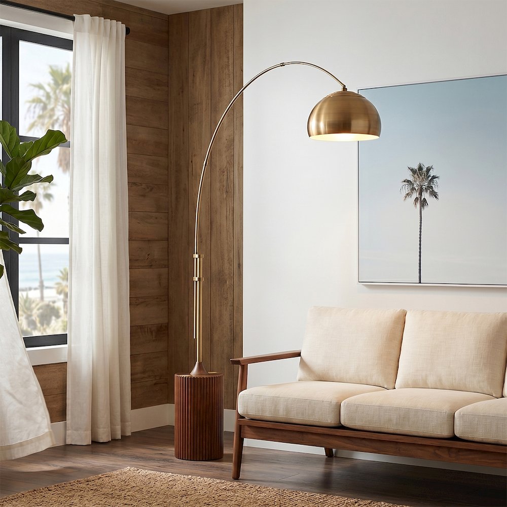 Tambo Half Dome 92" Arc Lamp - Weathered Brass, Dark Walnut Base, Half-Dome. Picture 4