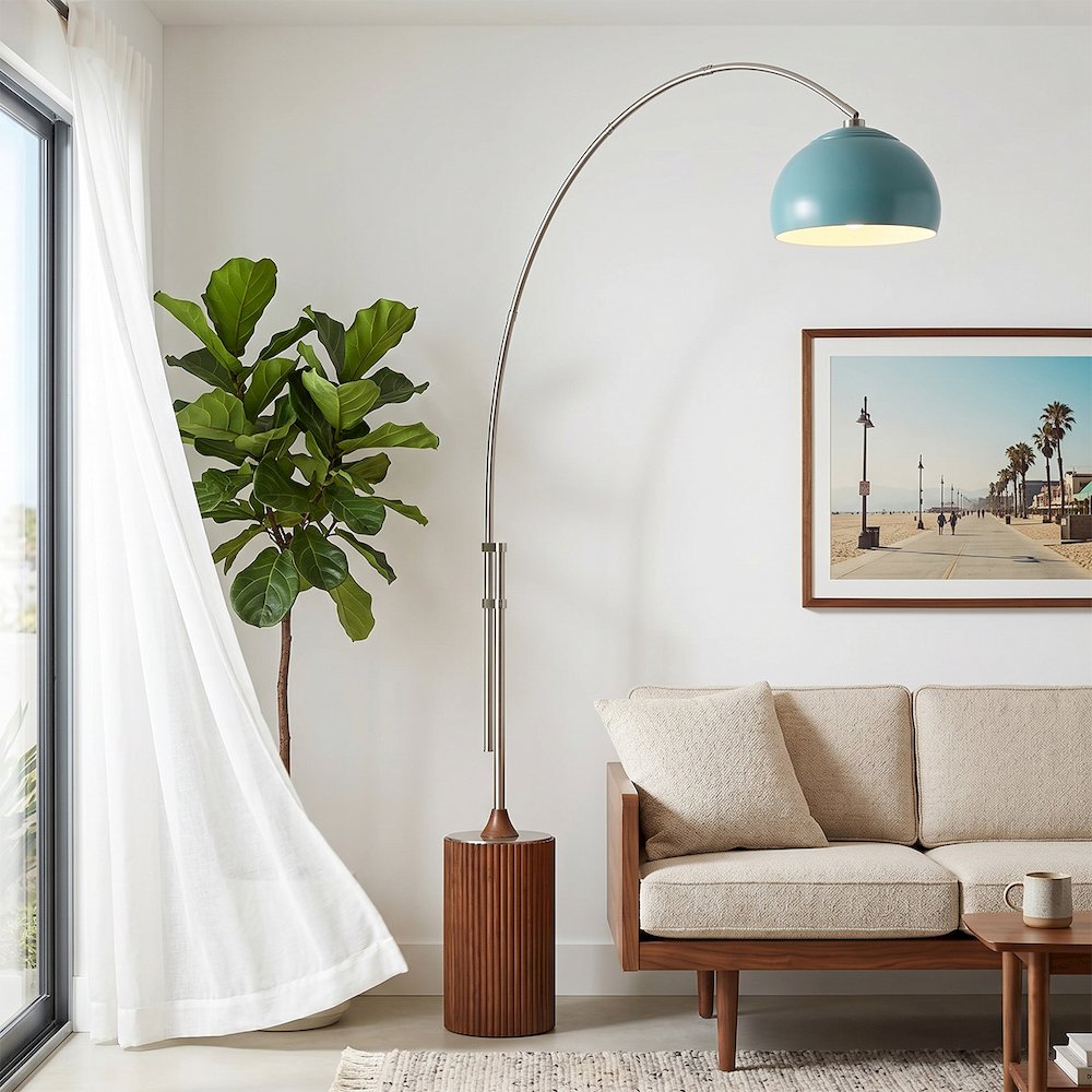 Tambo Half Dome 92" Arc Lamp - Satin Nickel, Dark Walnut Wood Base, Pool Blue. Picture 2