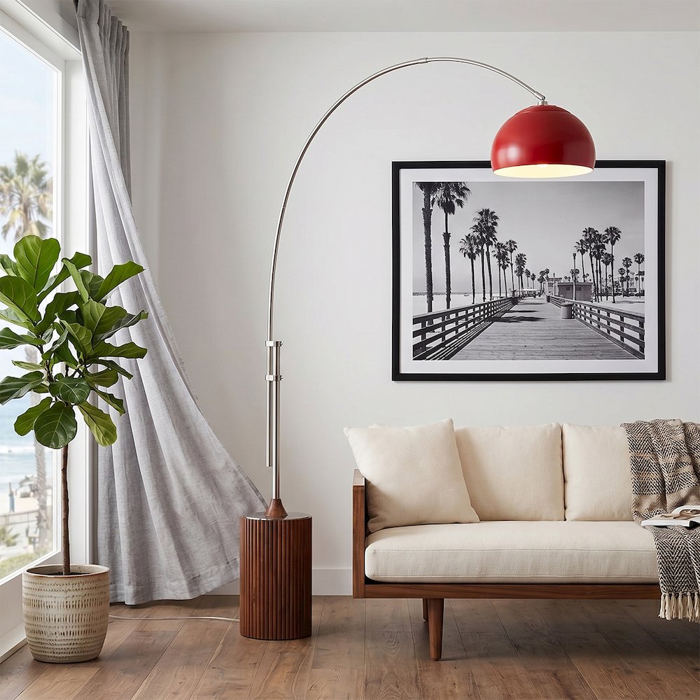 Tambo Half Dome 92" Arc Lamp - Satin Nickel, Dark Walnut Base, Crimson Red Leaf. Picture 2