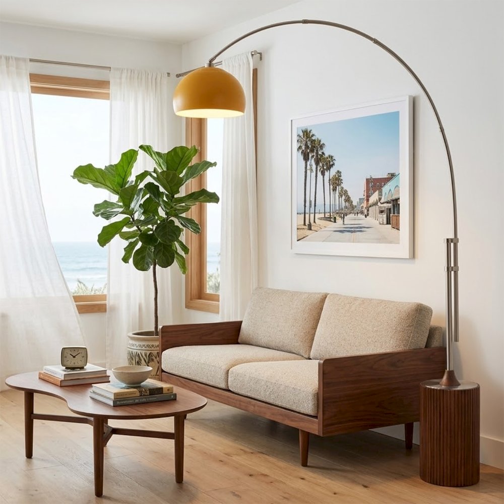 Tambo Half Dome 92" Arc Lamp - Satin Nickel, Dark Walnut Wood Base, Mustard. Picture 2