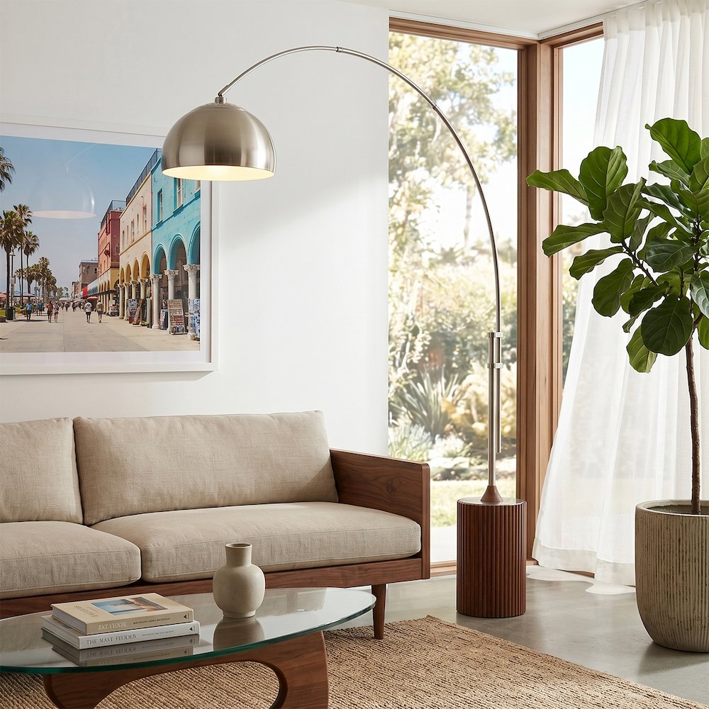 Tambo Half Dome 92" Arc Lamp - Satin Nickel, Dark Walnut Wood Base, Satin. Picture 2