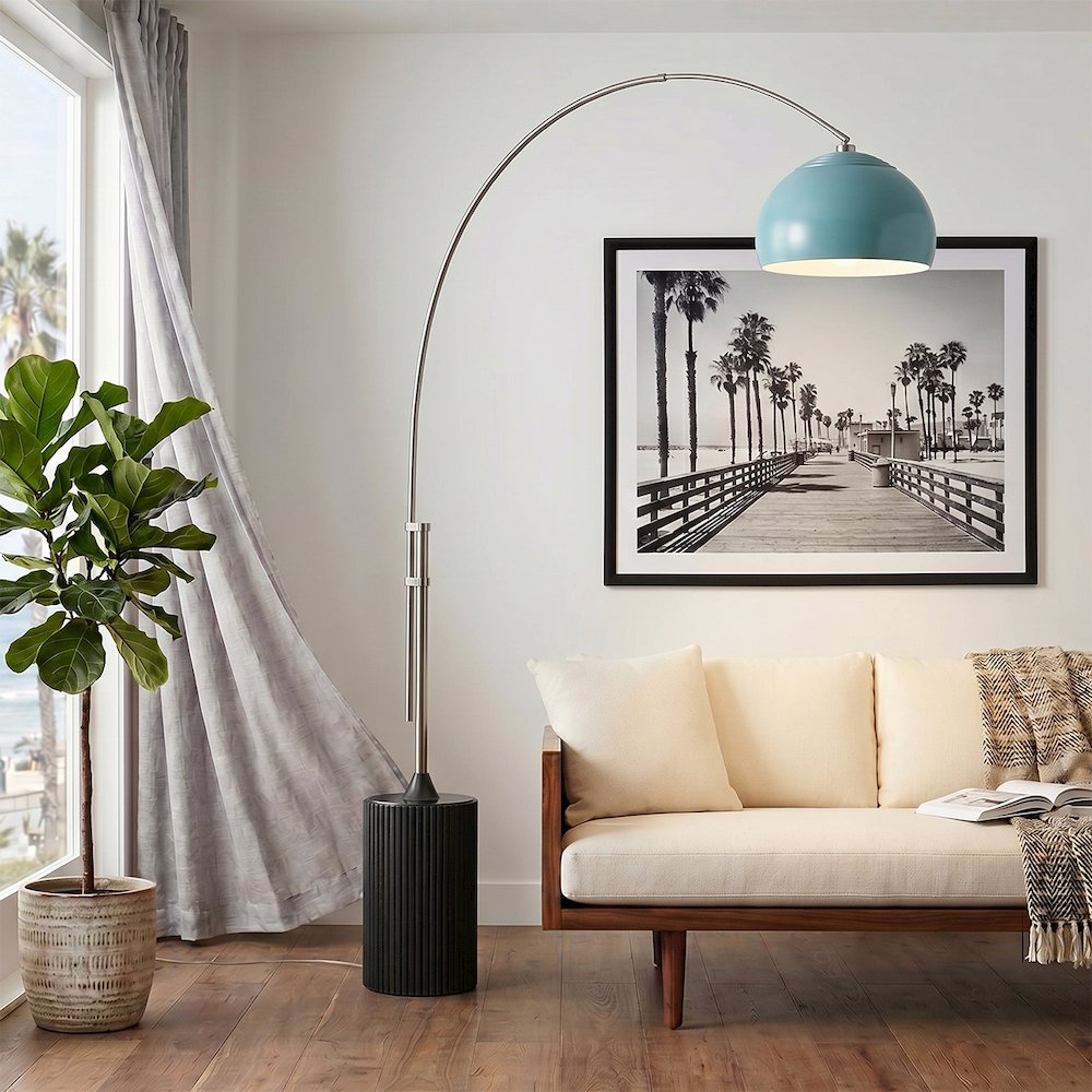 Tambo Half Dome 92" Arc Lamp - Satin Nickel, Black Oak Base, Pool Blue Steel. Picture 2
