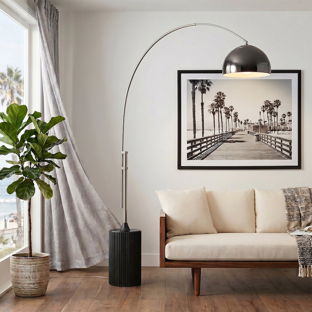 Tambo Half Dome 92" Arc Lamp - Satin Nickel, Black Oak Base, Black Nickel Leaf. Picture 2