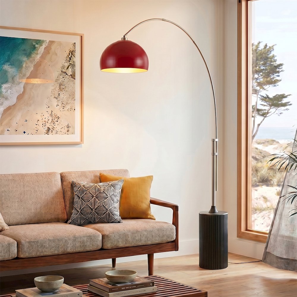 Tambo Half Dome 92" Arc Lamp - Satin Nickel, Black Oak Base, Crimson Red Steel. Picture 2
