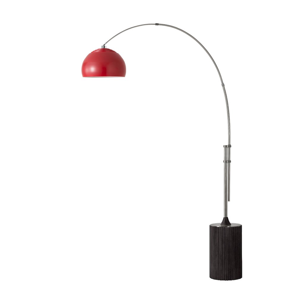 Tambo Half Dome 92" Arc Lamp - Satin Nickel, Black Oak Base, Crimson Red Steel. Picture 1