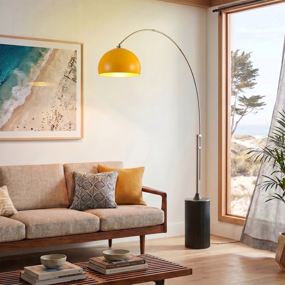 Tambo Half Dome 92" Arc Lamp - Satin Nickel, Black Oak Base, Mustard Steel Leaf. Picture 2