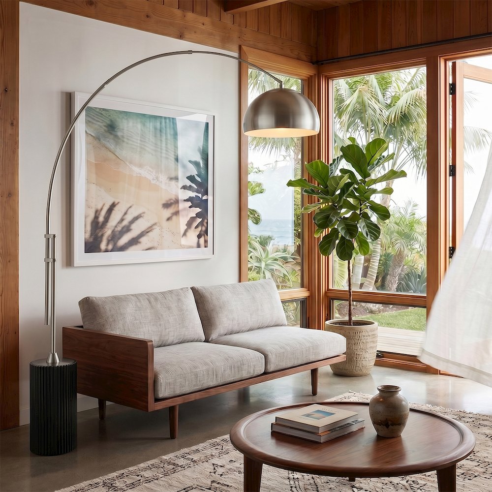 Tambo Half Dome 92" Arc Lamp - Satin Nickel, Black Oak Base, Satin Nickel Leaf. Picture 3