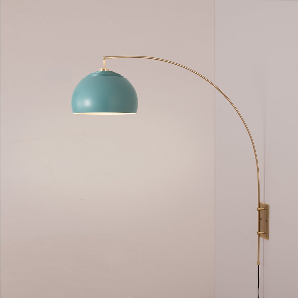 Half Dome Wall Mounted Arc Lamp, 13"D Pool Blue Shade, Weathered Brass Body. Picture 2