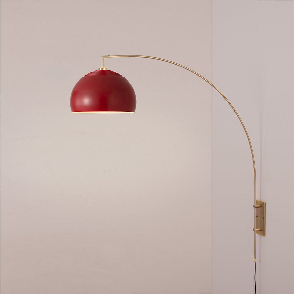 Half Dome Wall Mounted Arc Lamp, 13"D Crimson Red, Weathered Brass Body. Picture 2