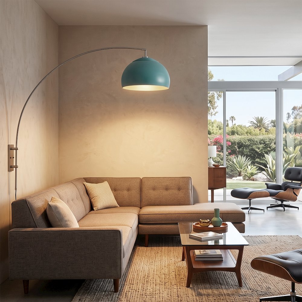 Half Dome Wall Mounted Arc Lamp - Satin Nickel Steel Half Dome Pool Blue Shade. Picture 6