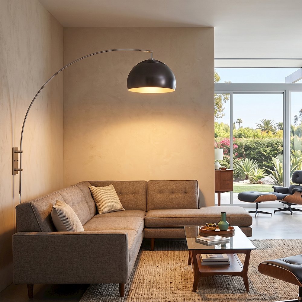 Half Dome Wall Mounted Arc Lamp - Black Nickel Steel, Satin Nickel Steel Base,. Picture 4