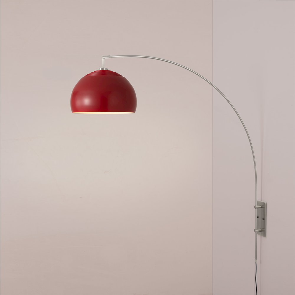 Half Dome Wall Mounted Arc Lamp - Satin Nickel Steel, Dome Crimson Red Fabric. Picture 2