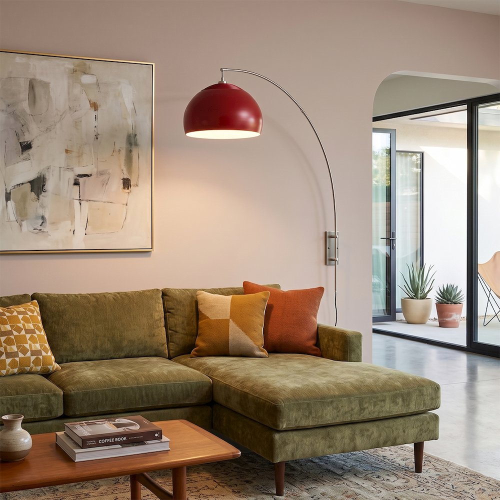 Half Dome Wall Mounted Arc Lamp - Satin Nickel Steel, Dome Crimson Red Fabric. Picture 3
