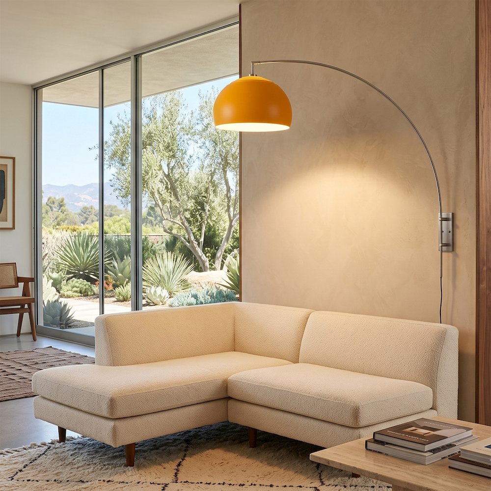 Half Dome Wall Mounted Arc Lamp - Satin Nickel Steel Base, Mustard Steel Shade. Picture 3
