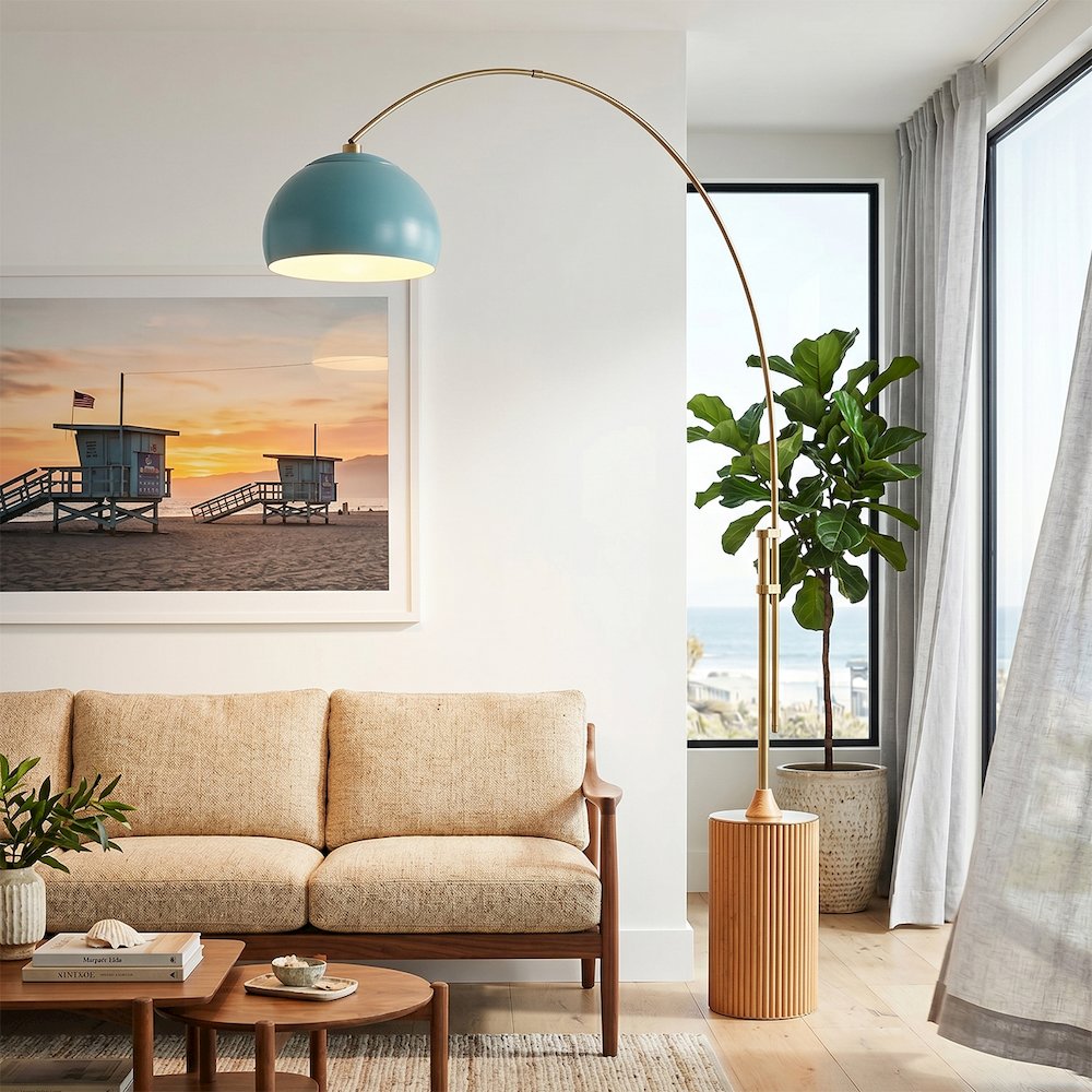 Tambo Half Dome 92"H 1-Light Arc Lamp, Pool Blue Steel Shade, Weathered Brass. Picture 4