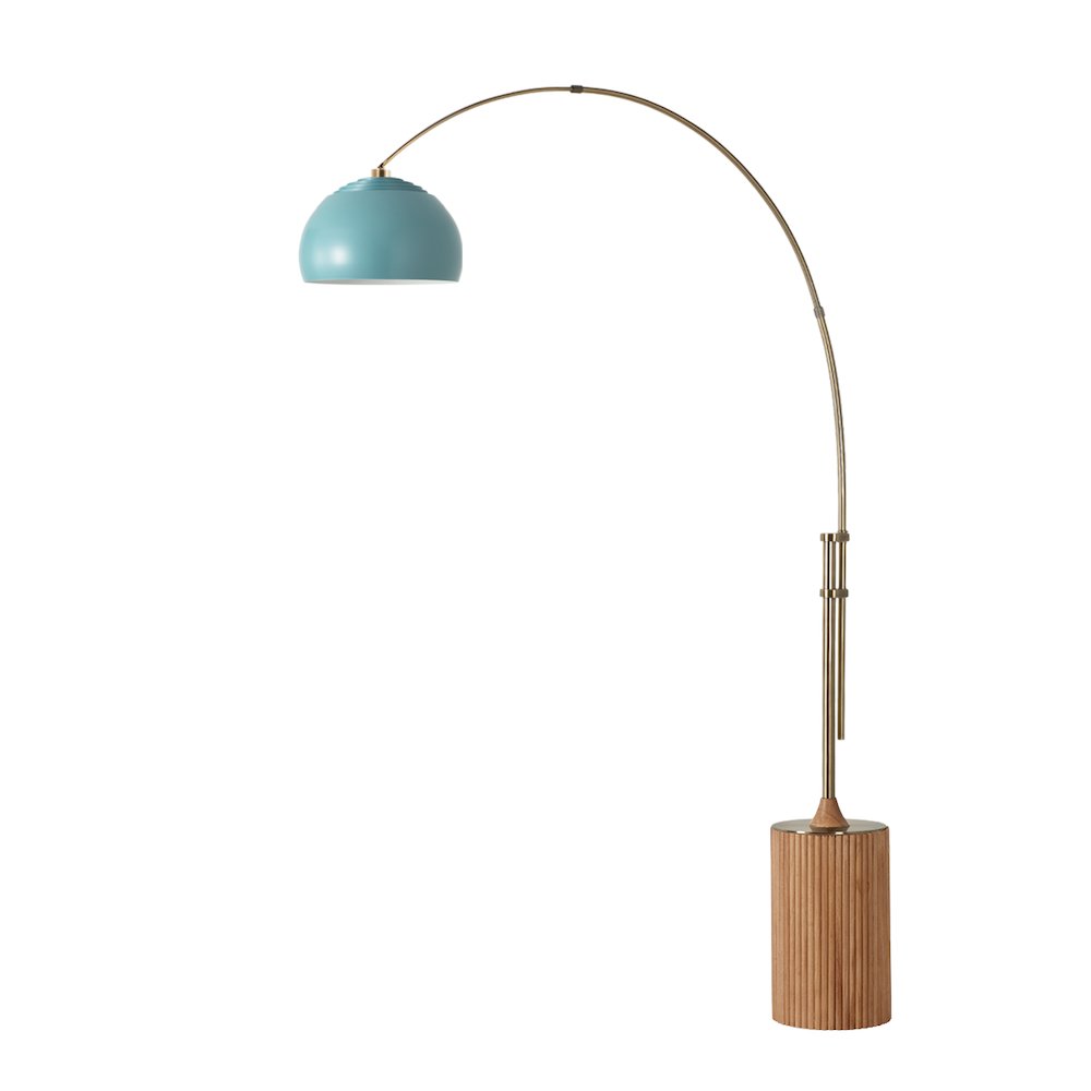 Tambo Half Dome 92"H 1-Light Arc Lamp, Pool Blue Steel Shade, Weathered Brass. Picture 1