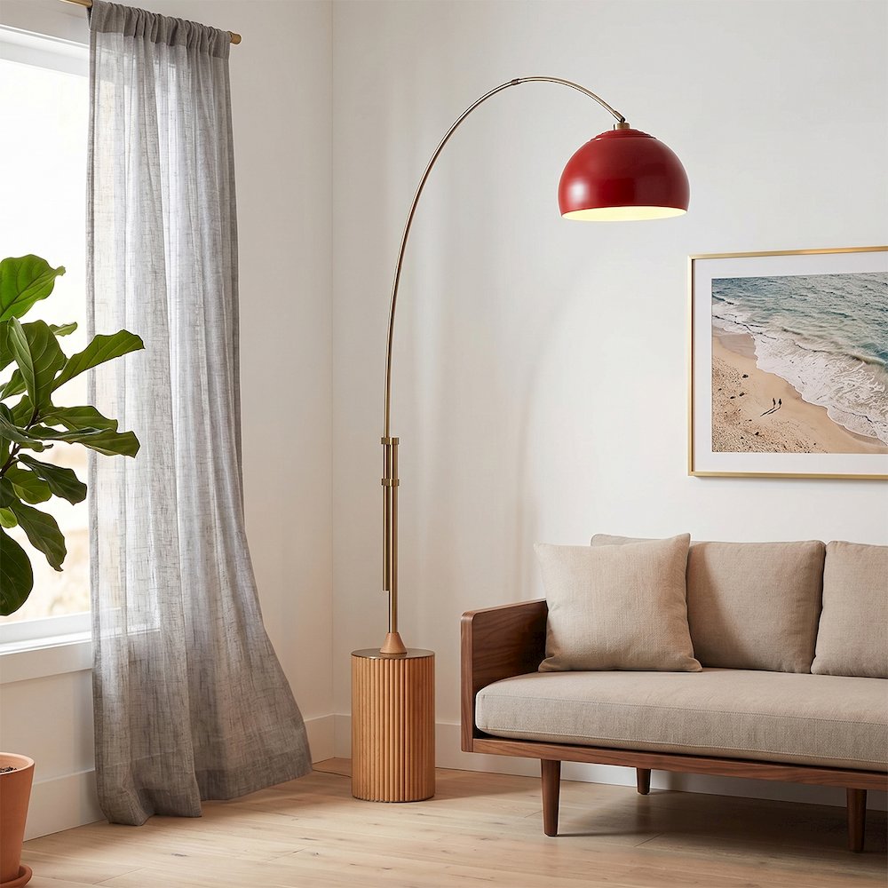 Tambo Half Dome 92"H 1-Light Arc Lamp, Crimson Red Steel Shade, Weathered Brass. Picture 2