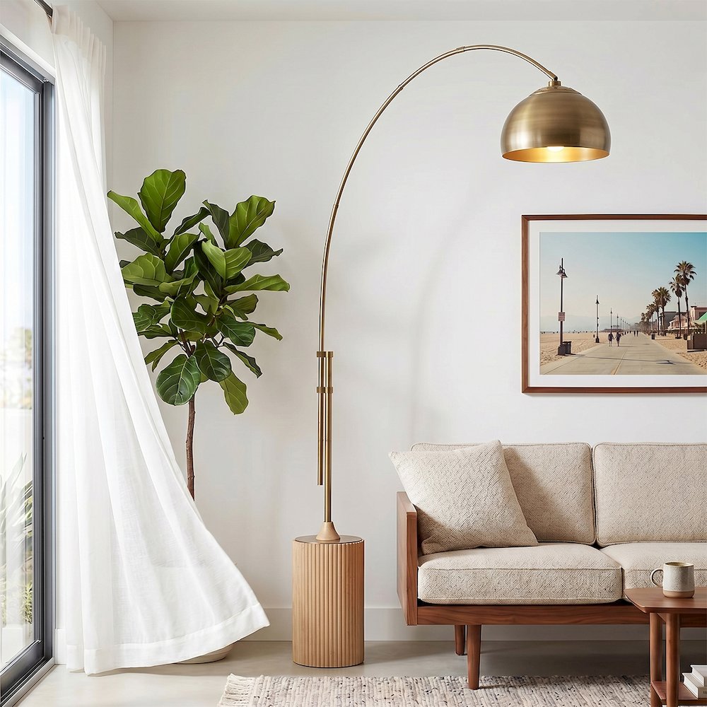 Tambo Half Dome 92" Arc Lamp - Weathered Brass, Natural Ash Wood Base, Steel. Picture 2